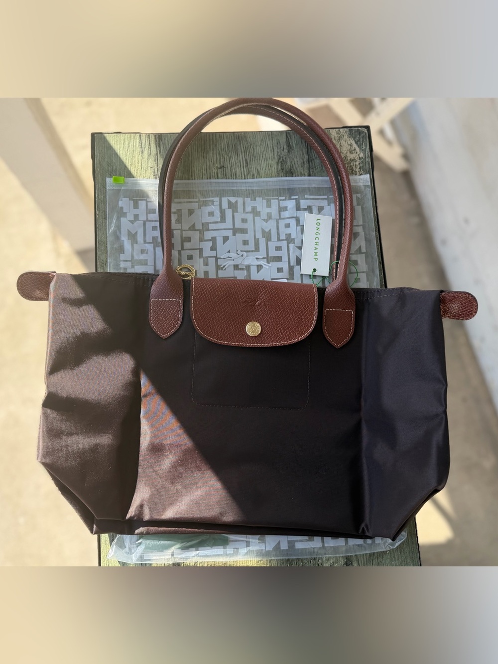 Longchamp Dark Brown Nylon Shoulder Bag with Brown Leather Trim -16in